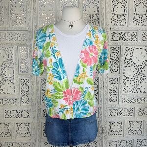 Vtinage Colorful Floral Grannycore‎ Ribbed Short Sleeve Cardigan Shirt Set Sz S